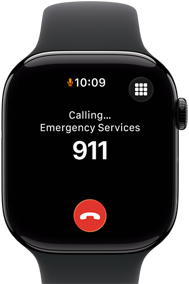 Apple Watch Series 11, aluminium jet black case, emergency call to 999 on screen, right side exterior: Digital Crown, black Sport Band