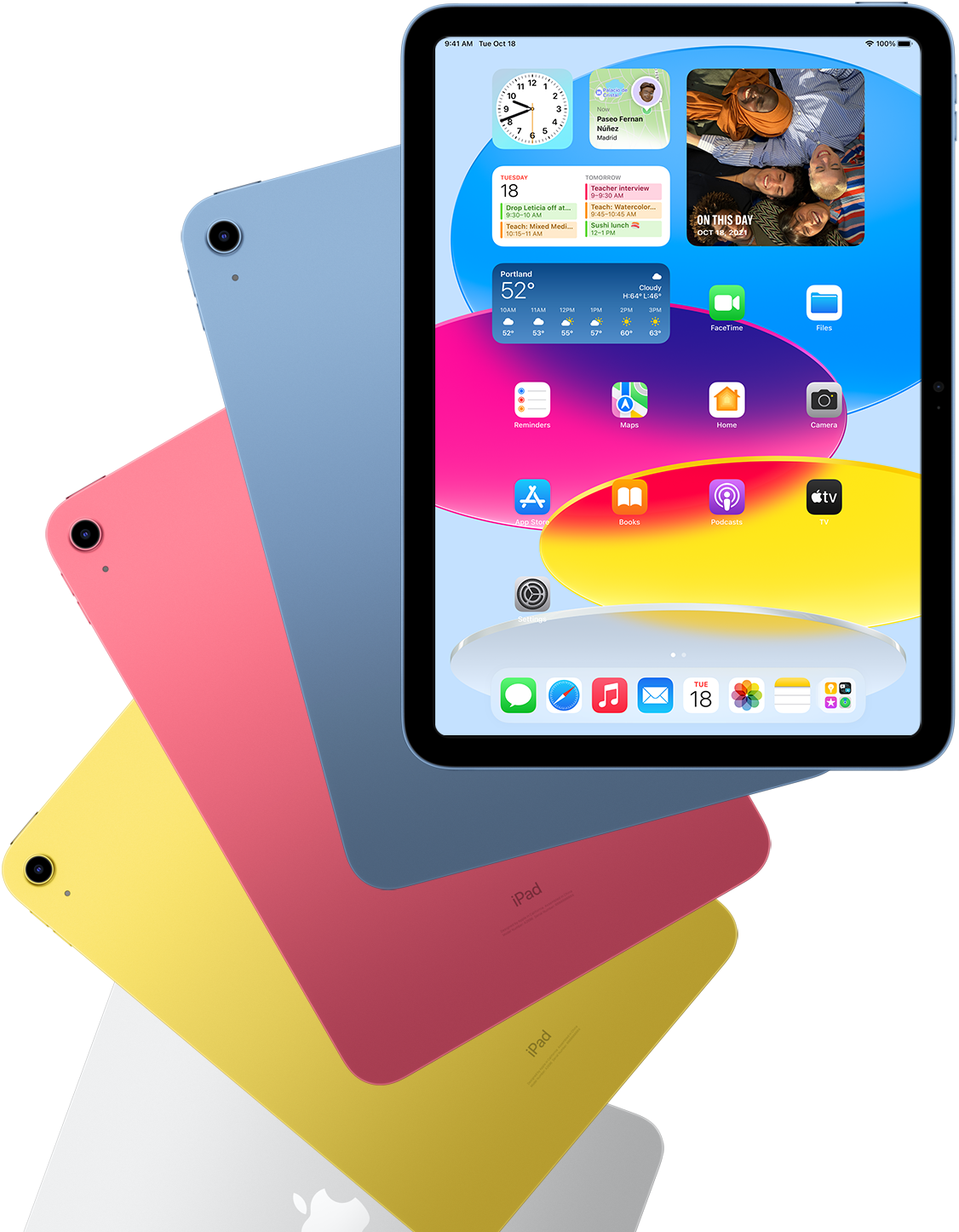 Front view iPad shows Home screen with blue, pink, yellow and silver rear-facing iPads behind it.
