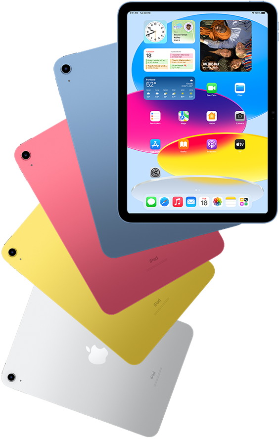 Front view iPad shows Home screen with blue, pink, yellow and silver rear-facing iPads behind it.