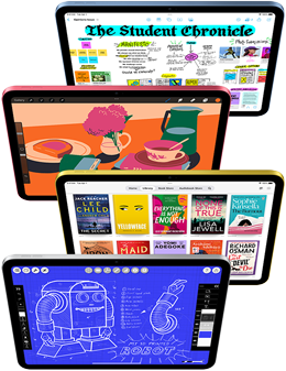 Front facing iPad screens show a variety of Apple apps and App Store apps.