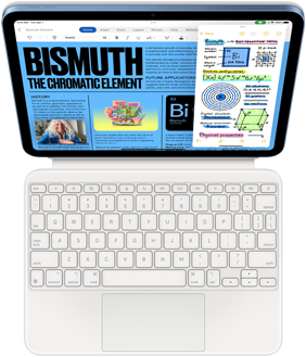 iPad attached to Magic Keyboard Folio, screen is showing Slide Over with Pages and Notes app.