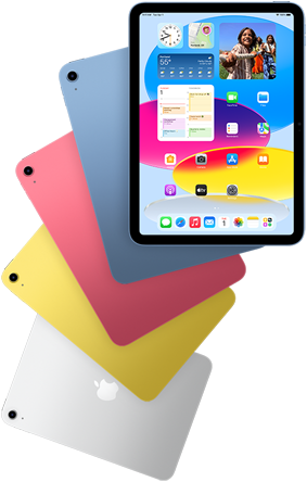 Front view iPad shows Home Screen, behind are four back-facing iPad models in blue, pink, yellow and silver