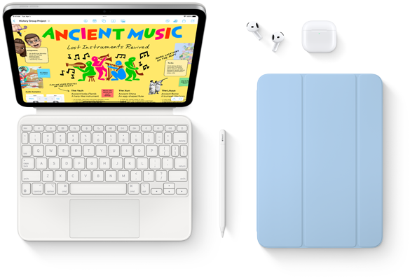 iPad, Magic Keyboard Folio, Apple Pencil, AirPods and Smart Folio are shown.