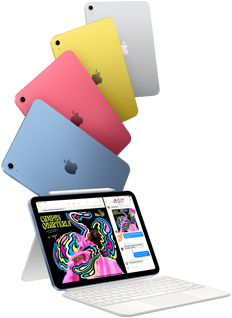 iPad in blue, pink, yellow and silver colours, and iPad attached to the Magic Keyboard Folio with Apple Pencil