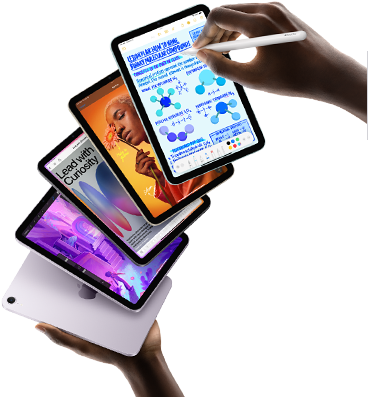 Five iPad mini models are shown in a fan formation held by a user’s hands. One model shows the back camera, the other four are front-facing. Apple Pencil Pro is being used to take notes