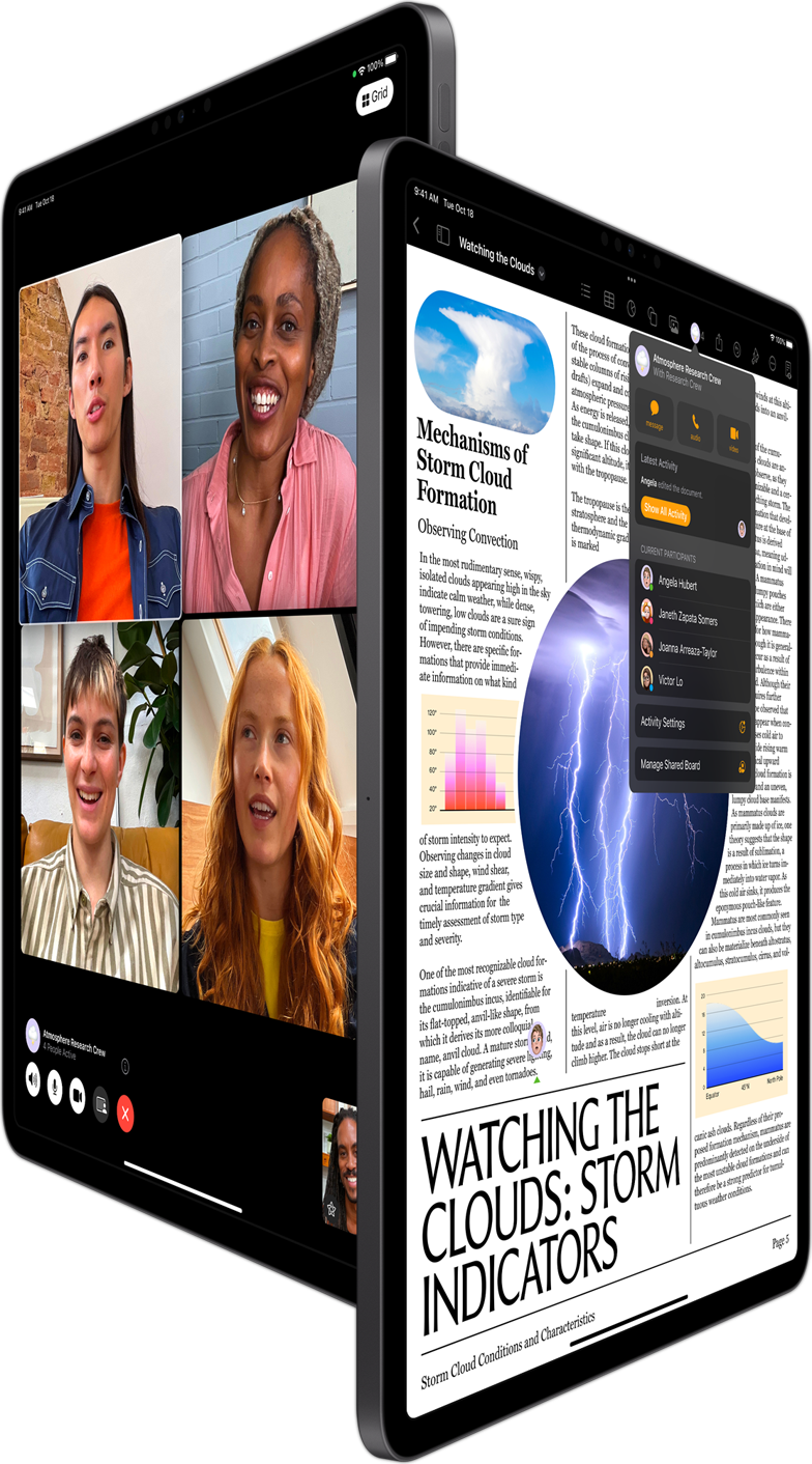 Group FaceTime and Collaboration in Pages shown on two iPad Pro devices