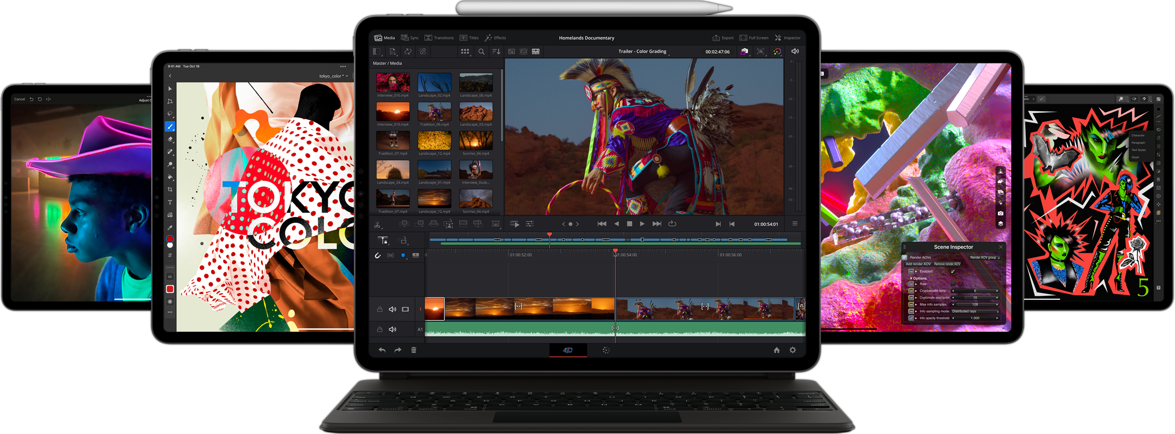 Front view of iPad Pro with Smart Keyboard Folio and Apple Pencil attached displaying Resolve for iPad app along with other iPad devices behind it