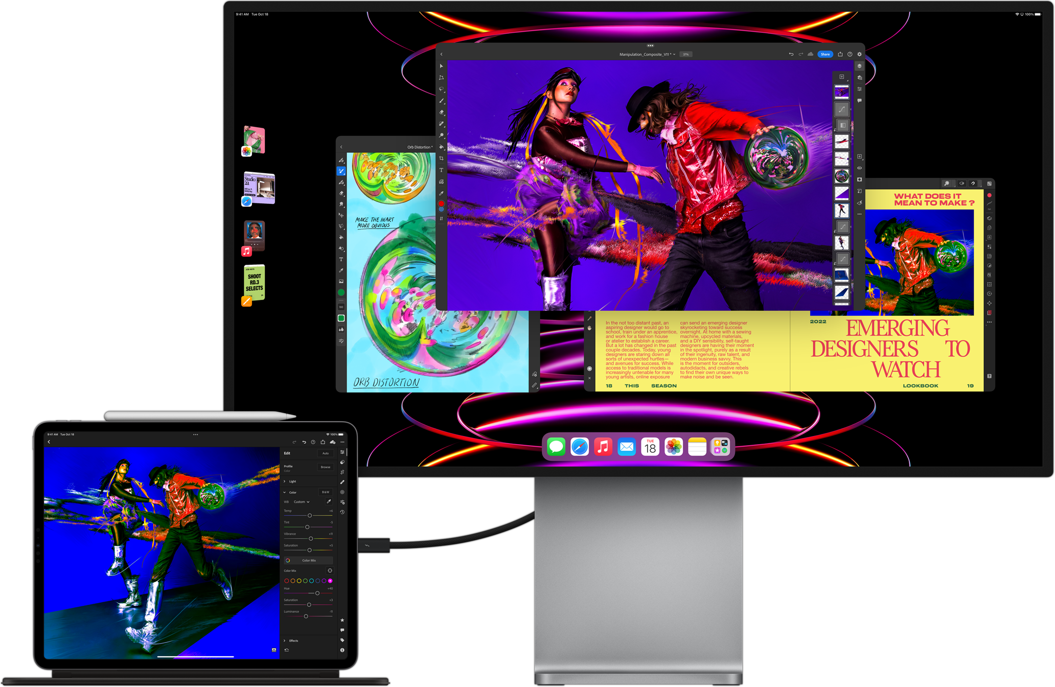 iPad Pro showing Adobe Lightroom app connected to external display showing multitasking with Stage Manager