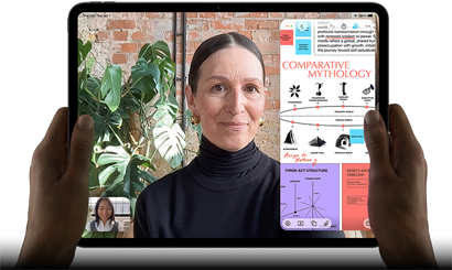 iPad Pro, front exterior, landscape orientation, space black colour, rounded corners, black display bezel, hands holding left and right sides, display showing a FaceTime conversation being live translated, and an educational app showing a presentation of Comparative Mythology with text, diagrams and handwritten notes