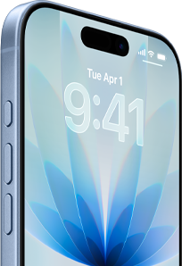 iPhone 17, exterior front, Blue Mist colour, Dynamic island centred, buttons: Action button, volume