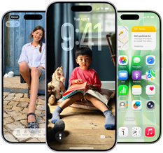 iPhone 17, exterior front, Dynamic Island centred near top, three colours: Mist Blue, Lavender, Sage