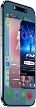 iPhone Air, front exterior, side exterior, thin profile, Dynamic Island centred near top, App Switcher feature in use, buttons: Action, volume
