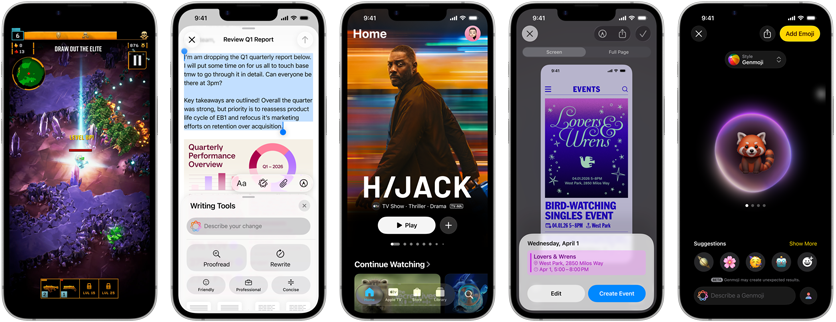 Side-by-side iPhone 17e devices showing different screens: a game being played, Writing Tools, Apple TV app, a calendar event being created, a Genmoji being created