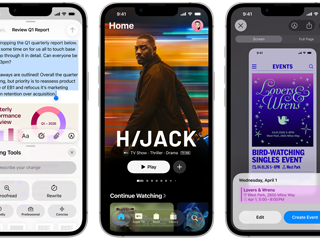 Side-by-side iPhone 17e devices showing different screens: a game being played, Writing Tools, Apple TV app, a calendar event being created, a Genmoji being created