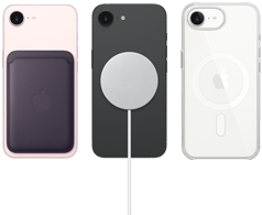 iPhone 17e in soft pink colour with FineWoven Wallet in midnight purple colour, iPhone 17e in black colour with Silicone Case in black colour and MagSafe Charger, iPhone 17e in white colour with Clear Case with MagSafe