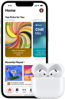 iPhone 17e, front exterior, Apple Music app with Home Screen open, next to AirPods Pro 3 in open MagSafe Charging case