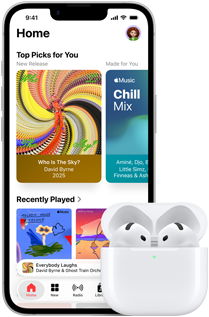 iPhone 17e, front exterior, Apple Music app with Home Screen open, next to AirPods Pro 3 in open MagSafe Charging case