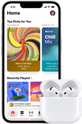 iPhone 17e, front exterior, Apple Music app with Home Screen open, next to AirPods Pro 3 in open MagSafe Charging case