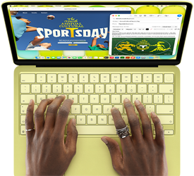 MacBook Neo, citrus colour, hands on keyboard, user is composing an email invitation to the opening of a sport event, website for the event open alongside