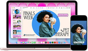 MacBook Neo, blush colour, next to iPhone, MacBook Neo screen shows presentation titled Finals Week Pet Therapy with photo of a person holding a rabbit, iPhone screen shows same photo, which has been turned into a sticker to use in presentation