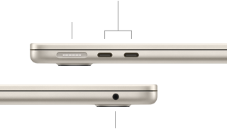 MacBook Air, closed, left side, showing MagSafe and two Thunderbolt ports, right side, showing headphone jack