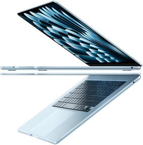 Two open MacBook Air laptops in sky blue colour forming arrow shape, emphasising narrow profile