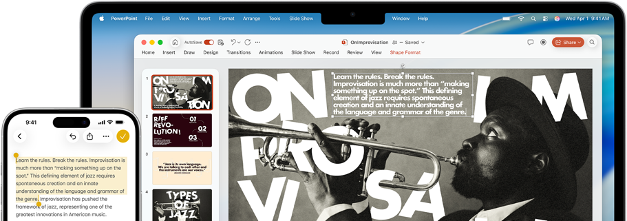 iPhone 16 Plus with text highlighted in the Notes app, MacBook Air with a Keynote slide open, text from Notes app is visible on the slide