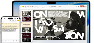 iPhone 16 Plus with text highlighted in the Notes app, MacBook Air with a Keynote slide open, text from Notes app is visible on the slide