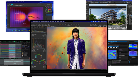 A variety of colourful screen content from music production, graphic design, 3D animation and photo editing apps on Mac, demonstrating powerful graphics performance
