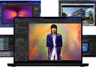 A variety of colourful screen content from music production, graphic design, 3D animation and photo editing apps on Mac, demonstrating powerful graphics performance