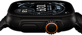 Apple Watch Ultra 3, side exterior, black titanium case, compass on Orienteering watch face, Action button and digital crown