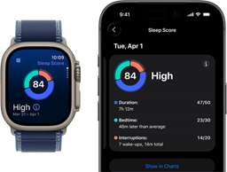 Sleep score circle graph and rating on Apple Watch Ultra 3, full analysis open on paired iPhone.