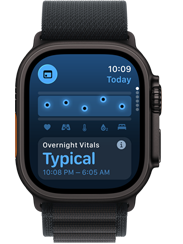 Apple Watch Ultra 3, black colour, titanium case, Vitals app, chart scoring health, Overnight Vitals outliers notification, Ocean band.