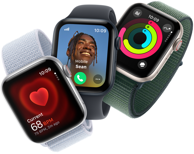 Heart rate monitoring, incoming call and Activity rings on three Apple Watch devices