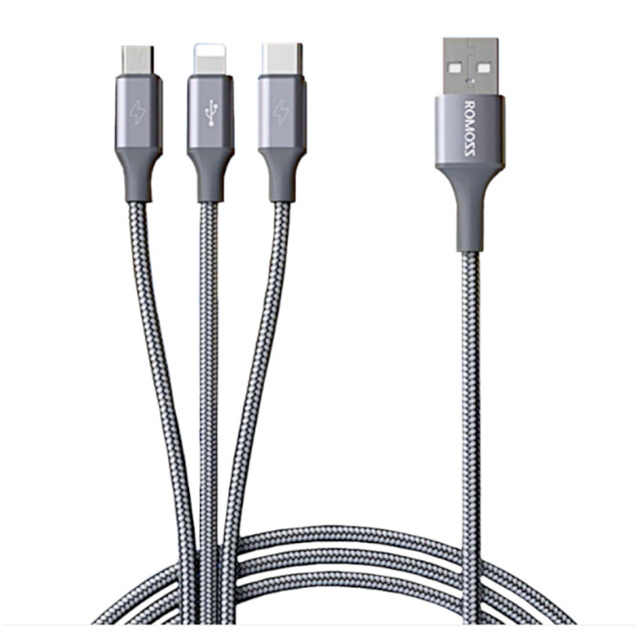 Romoss 3-1 Lightning Charge Sync/Micro USB/Type C to USB 1m Cable – Space Grey